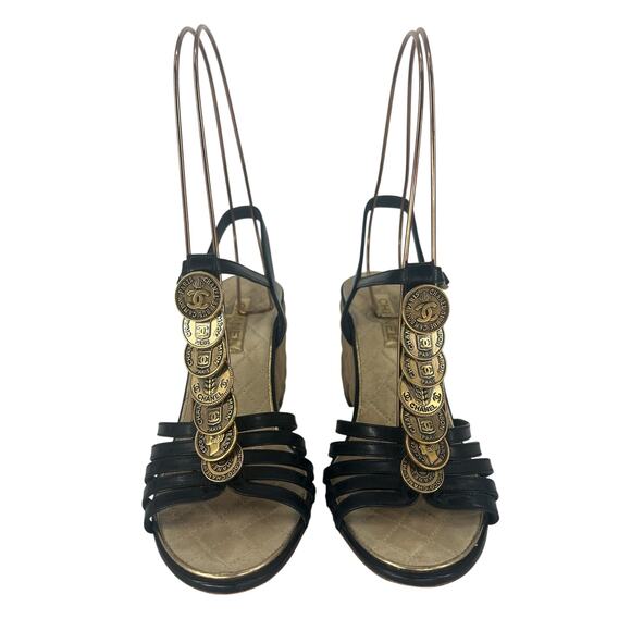 Chanel Coin Medallion Quilted Suede & Leather Heeled Wedge Sandals - Picture 8 of 16